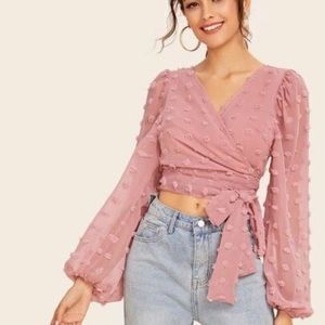 SHEIN Curve Pink Swedish Wrap Polka dot puff crop top wrap around. XL used
